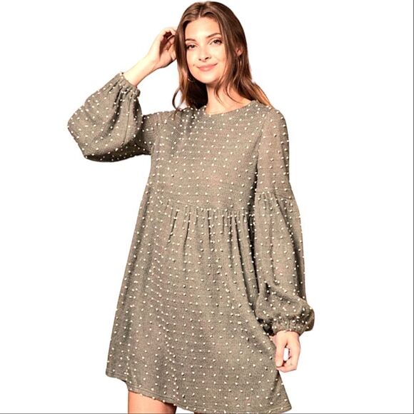 New In - "Mocha Swiss Dot" Puff Sleeved Polkadot Textured Textured Knit Dress - Picture 1 of 8